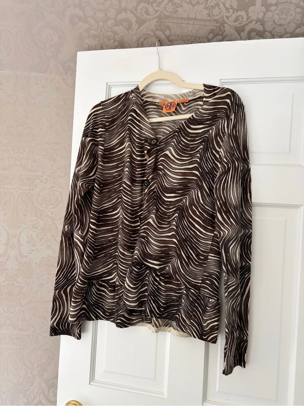 Brown & Cream Wave-Print V-Neck Long Sleeve Top cardigan sweater xl tory burch